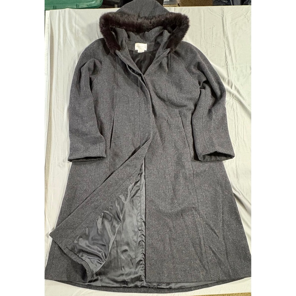 Worthington Gray Wool Blend Hooded Long Coat Genuine Rabbit Fur Trim Size 16